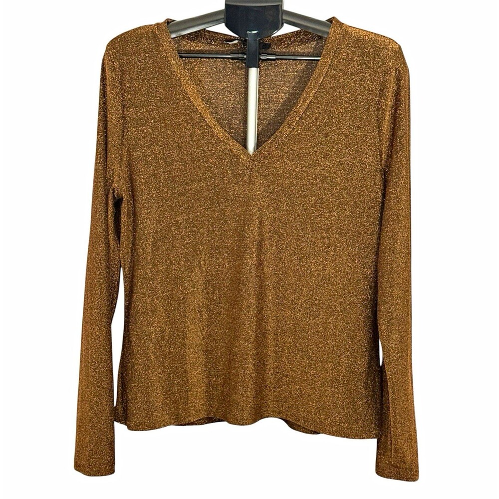 White House Black Market Women’s Gold/Black Metallic Knit V-Neck Top XL